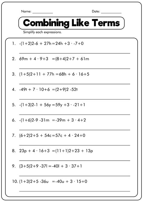 combining like terms worksheet 6th grade answer key